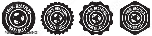 100% recycled materials vector stamp set eco friendly product certification label design on white background. Eco badge icon for recycled material. Simple eco-friendly leaf symbol stamp. Vector icons