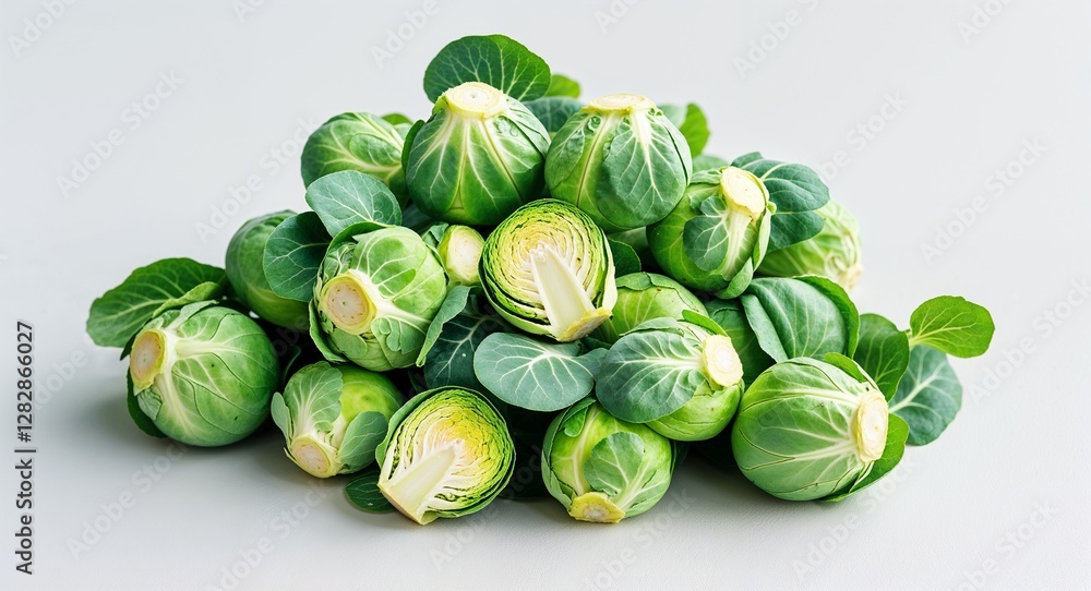 bunch of tiny Brussels sprouts with compact green leaves on plain white background bunch of tiny Brussels sprouts with compact green leaves on plain white background