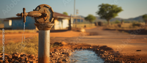 Water flowing from an old water tap in the village, symbolizing fresh and clean drinking water for the people living there. The background shows a dirt road with greenery on both sides