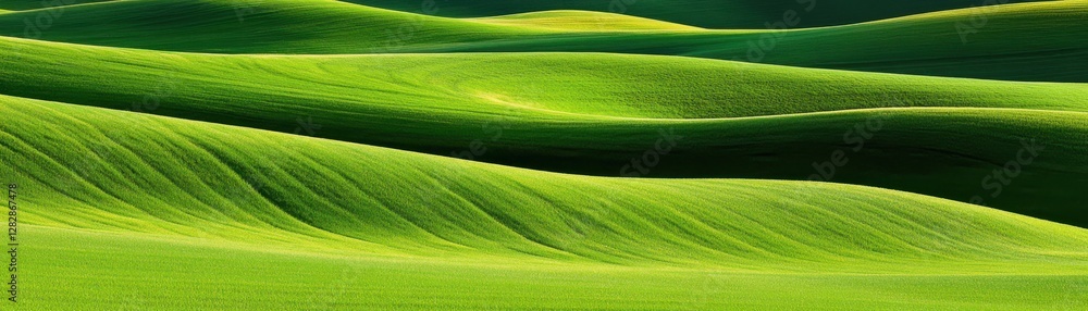 Obraz premium Lush green hills undulate gracefully, showcasing vibrant shades of green in a serene landscape.