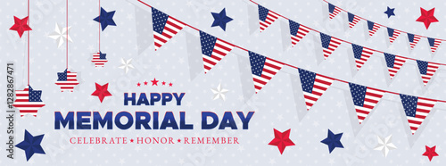 Memorial Day sale banner with patriotic red, white, and blue bunting and stars for festive marketing promotions and online advertisements