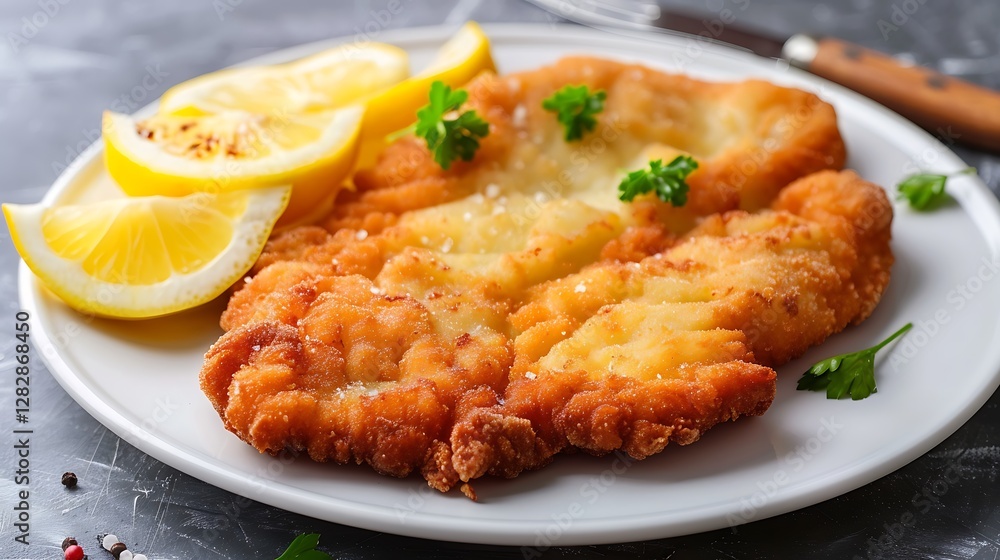 Crispy Fried Chicken Cutlet Served with Lemon Slices and Fresh Parsley on a Plate Crispy Fried Chicken Cutlet Served with Lemon Slices and Fresh Parsley on a Plate