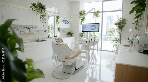 Modern dental clinic with equipment and plants for a calming effect.