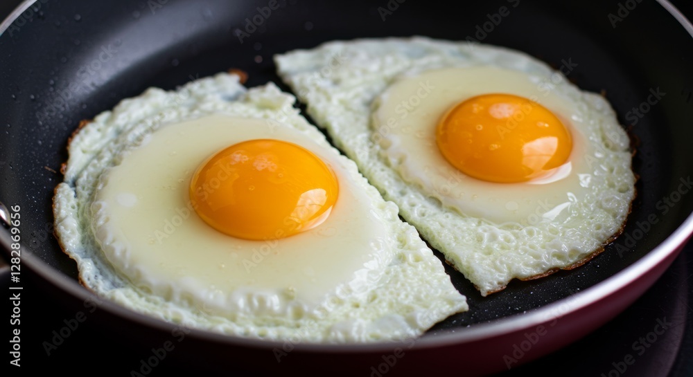 Two perfectly cooked sunny-side-up eggs sizzling in a non-stick pan Two perfectly cooked sunny-side-up eggs sizzling in a non-stick pan