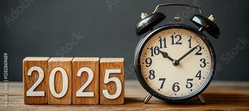 New Year 2025 concept. Vintage alarm clock and wooden blocks with 2025 on wood. Ideal for goals, deadlines, year-end review, planning. Minimalist style, copy space.