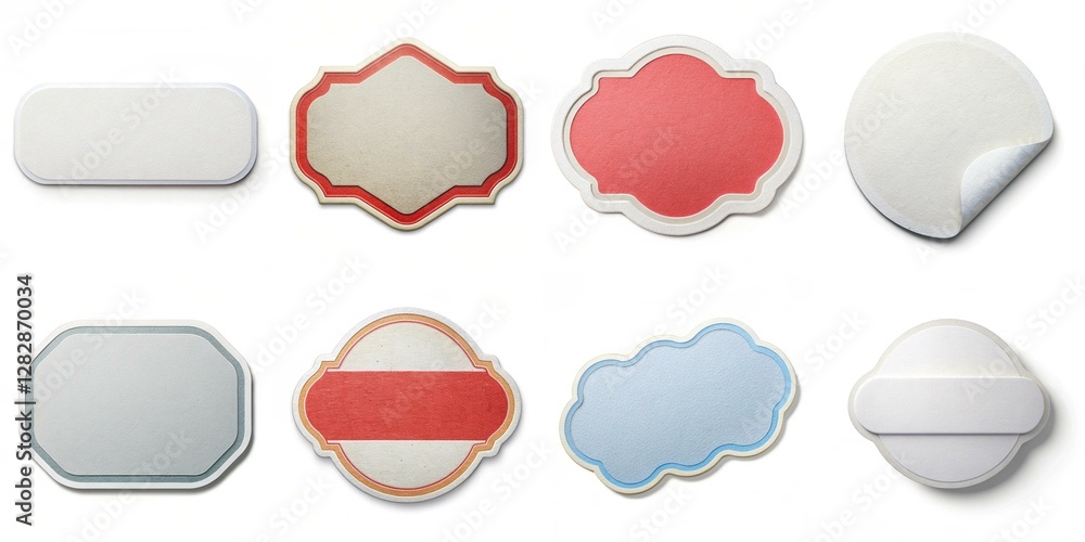 A collection of stickers with different shapes and colors. The stickers are arranged in a grid, with some overlapping each other. Scene is playful and creative, as the stickers come in various shapes A collection of stickers with different shapes and colors. The stickers are arranged in a grid, with some overlapping each other. Scene is playful and creative, as the stickers come in various shapes