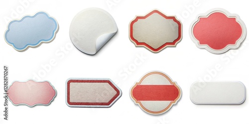 A collection of stickers with various shapes and colors. The stickers are arranged in a grid, with some overlapping each other. Scene is playful and colorful, with the stickers representing a fun