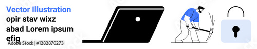 Man using pickaxe to hack digital lock near a laptop. Ideal for cybersecurity, hacking, data theft, online privacy, digital security awareness, technology, abstract line flat metaphor