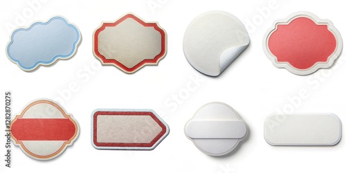 A collection of stickers with various shapes and colors. The stickers are arranged in a grid, with some being larger than others. Scene is playful and whimsical