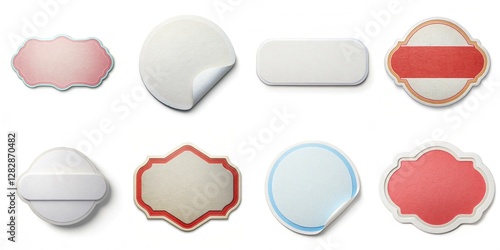 A collection of stickers with different shapes and colors. The stickers are arranged in a grid, with some overlapping each other. Scene is playful and colorful