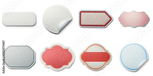 A collection of stickers with various shapes and colors. The stickers are arranged in a grid, with some overlapping each other. Scene is playful and creative