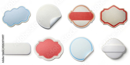 A collection of stickers with different shapes and colors. The stickers are arranged in a row and are all different sizes