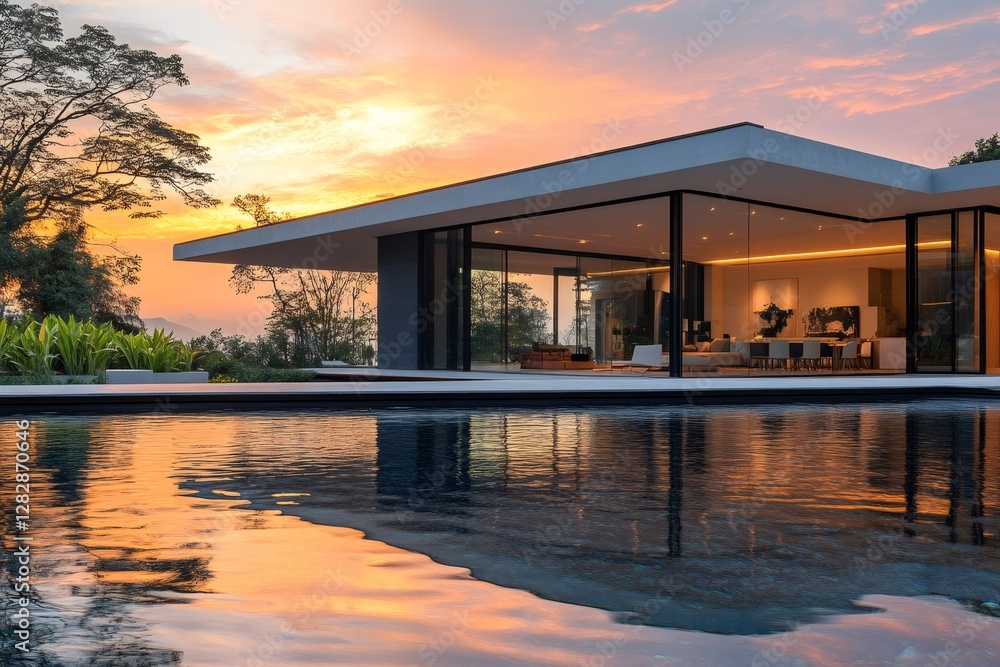 Modern house with infinity pool reflecting sunset during golden hour Modern house with infinity pool reflecting sunset during golden hour