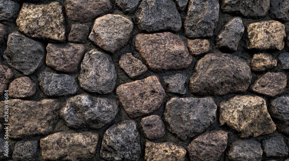 High-resolution cobblestone wall texture with a rough, uneven surface and subtle variations in tone. The seamless tiling makes it suitable for backgrounds, gaming assets, and architectural renderings. High-resolution cobblestone wall texture with a rough, uneven surface and subtle variations in tone. The seamless tiling makes it suitable for backgrounds, gaming assets, and architectural renderings.