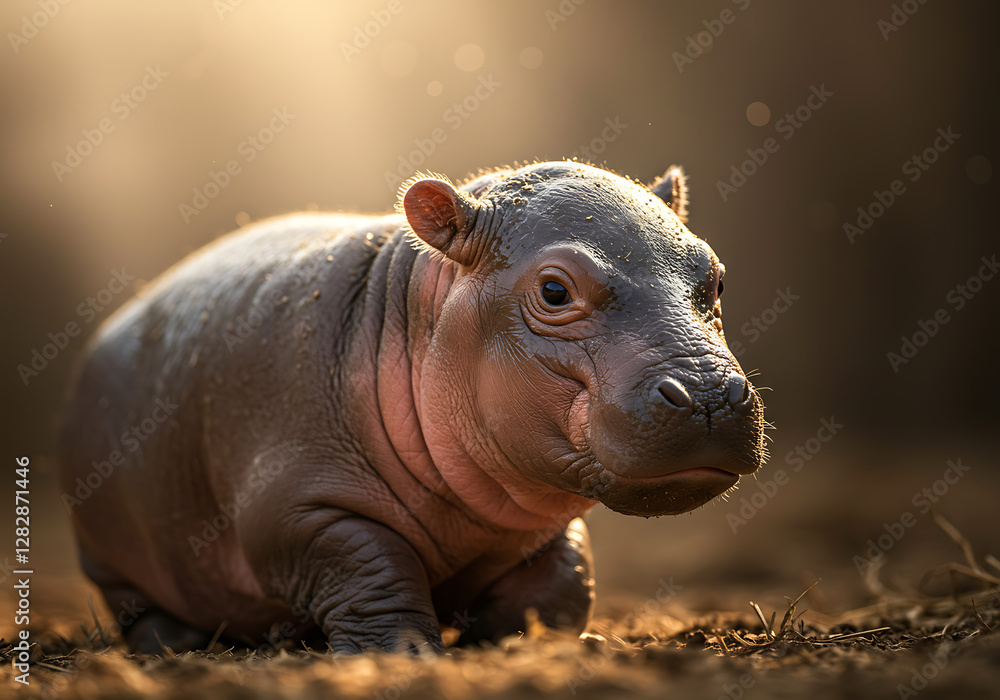 A chubby and cute baby hippo.
