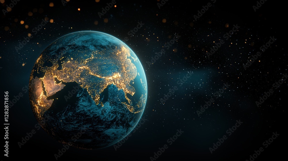 Fototapeta premium A close-up image of Earth from space, highlighting the blue oceans, green continents, and swirling cloud patterns, emphasizing the fragility and interconnectedness of our planet.