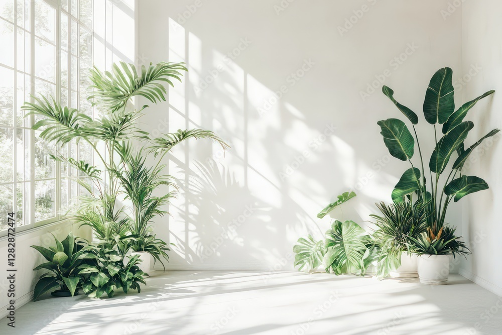 Lush greenery in a bright, minimalist room, large-leaf tropical plants and succulents positioned near a sunlit window, clean and fresh design Lush greenery in a bright, minimalist room, large-leaf tropical plants and succulents positioned near a sunlit window, clean and fresh design