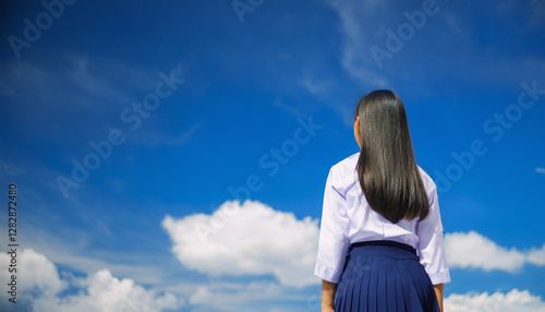 空を見つめる日本の女子学生