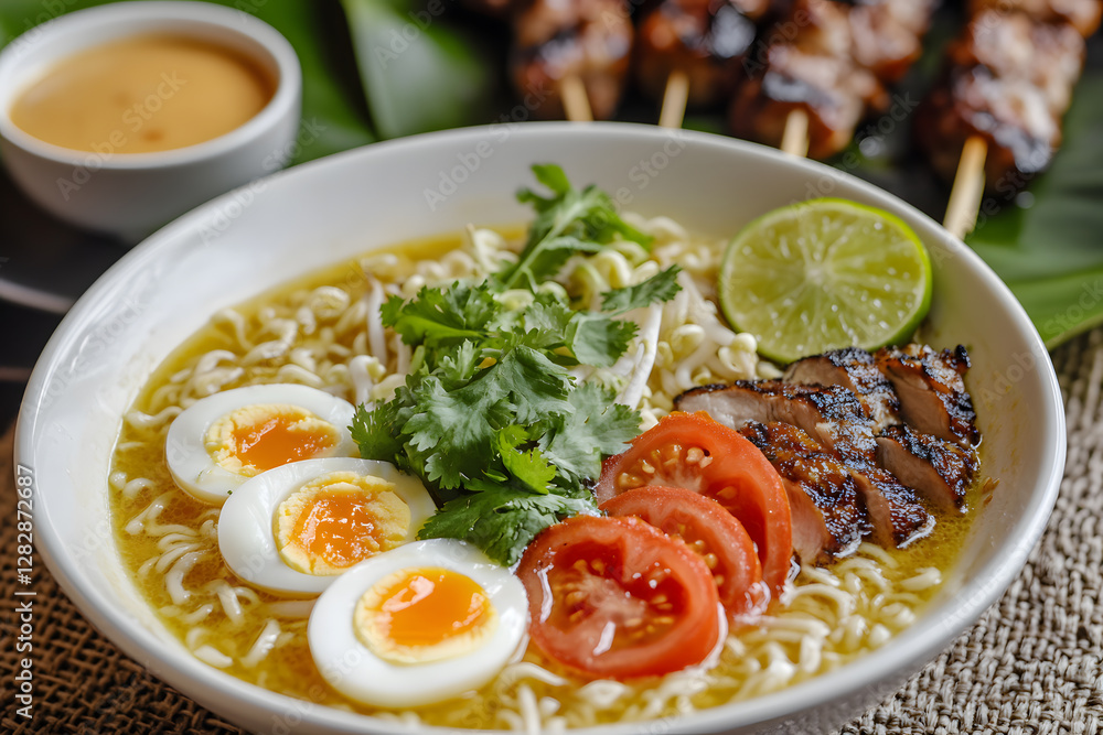 Delicious bowl of noodles with boiled egg, cilantro, lime, and fresh tomato in aromatic broth Delicious bowl of noodles with boiled egg, cilantro, lime, and fresh tomato in aromatic broth