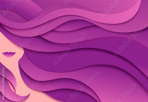 Woman with long wavy purple hair. Beauty background with female face. Beauty spa salon card design template.  Vector stock illustration.