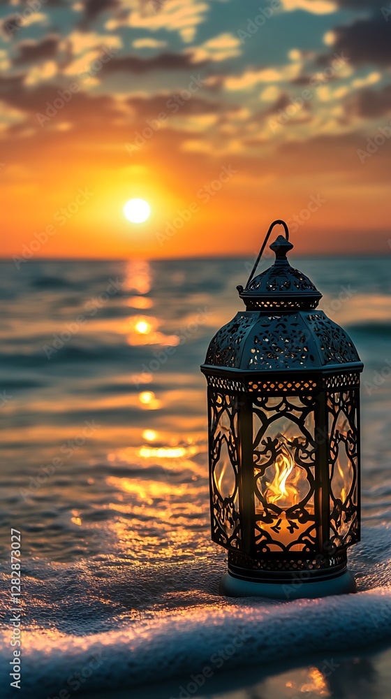 Lantern on the beach at sunset. Ramadan Kareem background Lantern on the beach at sunset. Ramadan Kareem background