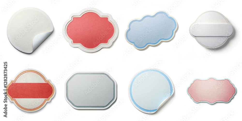 A collection of stickers with different shapes and colors. The stickers are arranged in a grid, with some overlapping each other. Scene is playful and colorful A collection of stickers with different shapes and colors. The stickers are arranged in a grid, with some overlapping each other. Scene is playful and colorful