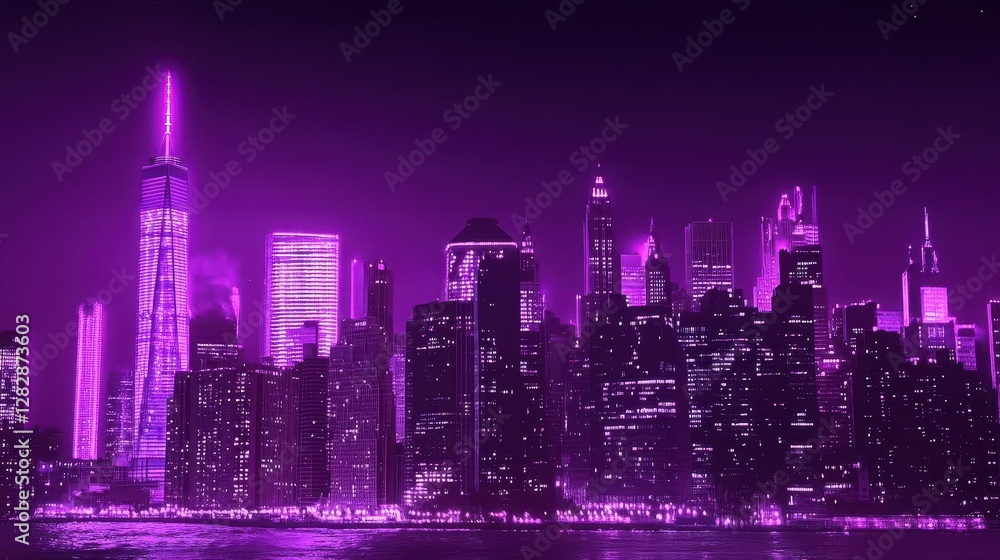 Fototapeta premium Purple Night Illuminates City Skyline Buildings