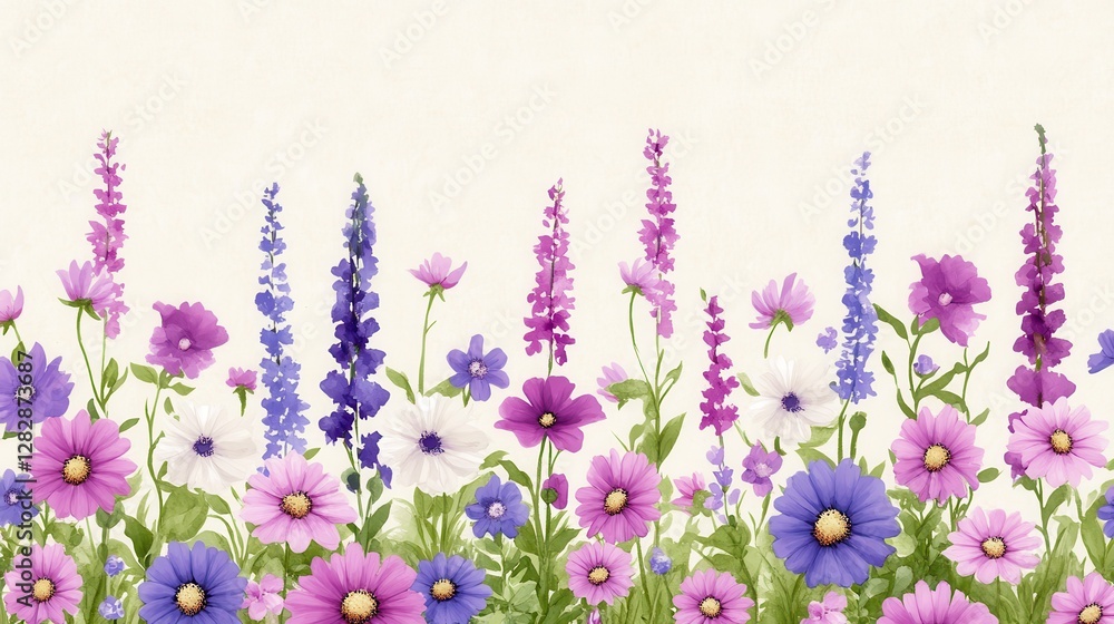 Naklejka premium A vibrant array of multicolored flowers, showcasing shades of pink, purple, and white, set against a soft, neutral background.