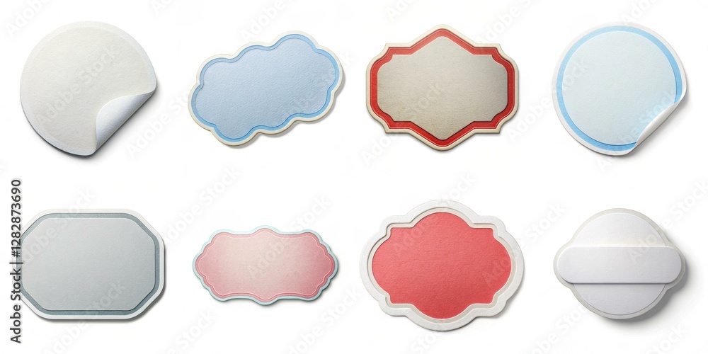 A collection of stickers with different shapes and colors. The stickers are arranged in a grid, with some overlapping each other. Scene is playful and colorful A collection of stickers with different shapes and colors. The stickers are arranged in a grid, with some overlapping each other. Scene is playful and colorful