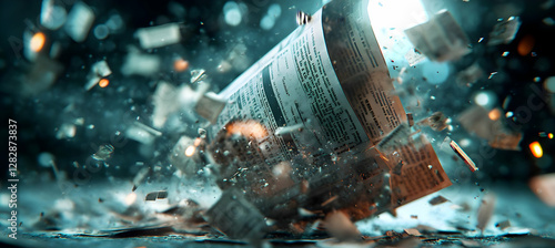 Newspaper Exploding, Dramatic Scene, Destruction, Information Overload, Stock Photo