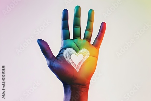 A vibrant graphic design for the International Day for the Elimination of Racial Discrimination, featuring a large, multicolored handprint with a bold red heart at its center.