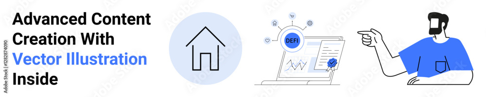 Person gesturing toward analytics dashboard, data insights, and home icon concept. Ideal for technology, education, startups, real estate, teamwork, data representation flat landing page banner Person gesturing toward analytics dashboard, data insights, and home icon concept. Ideal for technology, education, startups, real estate, teamwork, data representation flat landing page banner