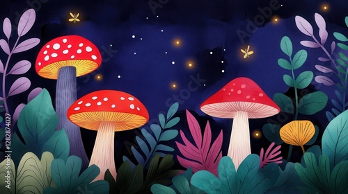 A whimsical illustration featuring vibrant red mushrooms amidst lush foliage under a starry night sky.