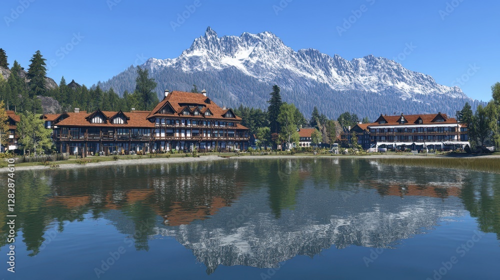 Fototapeta premium Mountain Lake Resort with Stunning Alpine Views