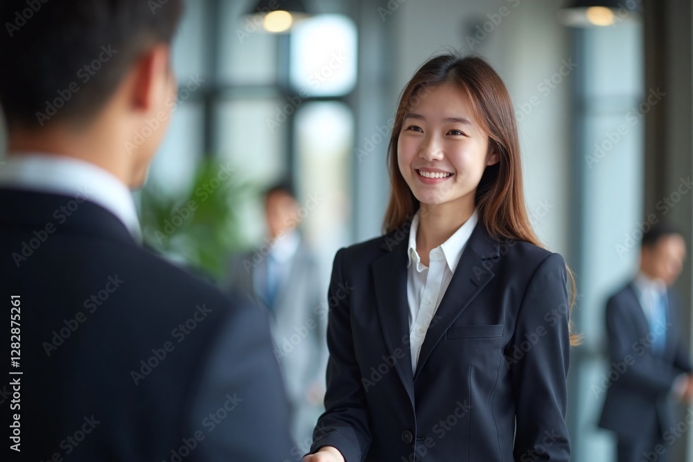 Young Asian woman business suit shaking hands with man in office Young Asian woman business suit shaking hands with man in office