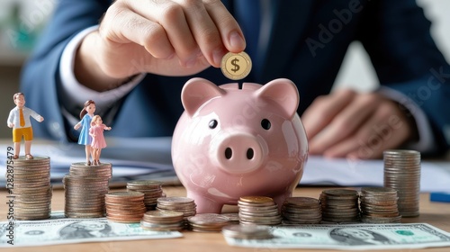 A man is putting a coin into a pink piggy bank