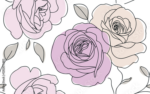Seamless pattern with beautiful vintage rose and decorative leaf silhouette. Wallpaper with abstract pink and yellow rose flower on white background. Vector stock illustration.