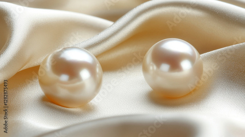 Elegant pearl stud earrings rest on a luxurious satin background, showcasing soft creamy white and beige pearls. The satin fabric drapes beautifully, symbolizing high-end fashion and timeless luxury. 