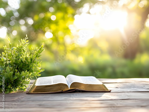 Open Bible on wooden table in sunlit garden; peaceful scene for religious or spiritual themes; background use for faith-based content