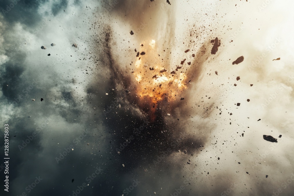 Fototapeta premium Dynamic explosion showcasing debris and dust particles suspended in mid-air against a serene backdrop, perfect for impactful storytelling and design projects