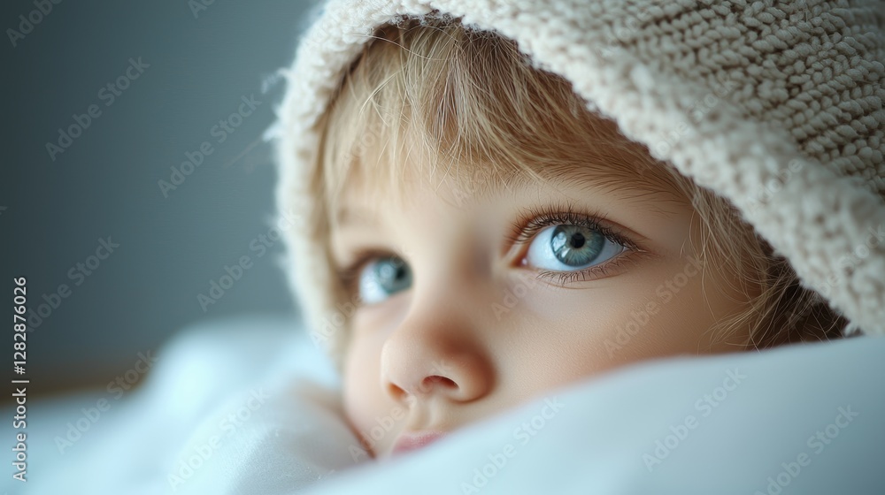 A young child receiving medical treatment for a serious illness, their face pale and fragile, their eyes reflecting pain and uncertainty, raising awareness about childhood diseases and the importance A young child receiving medical treatment for a serious illness, their face pale and fragile, their eyes reflecting pain and uncertainty, raising awareness about childhood diseases and the importance