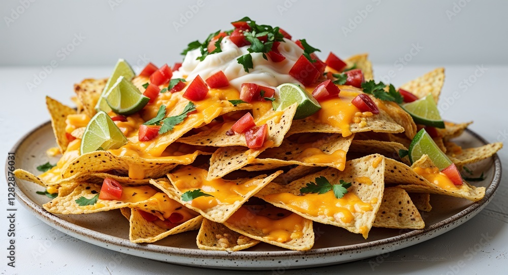 bunch of cheesy loaded nachos topped generously on a plate on plain white background bunch of cheesy loaded nachos topped generously on a plate on plain white background