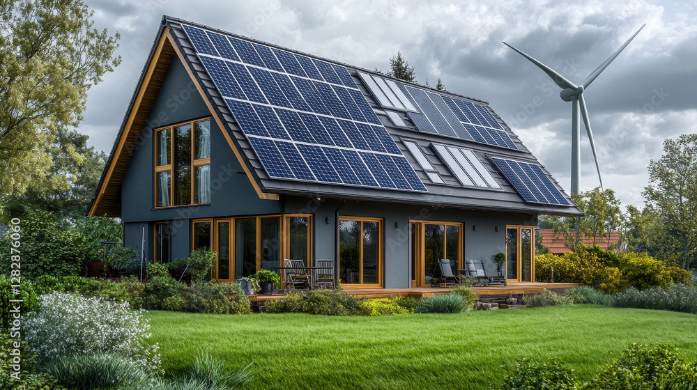 Eco-Friendly Dream Home: Captivating architectural image showcasing a modern house equipped with solar panels and a wind turbine, symbolizing sustainable living and environmental responsibility. Eco-Friendly Dream Home: Captivating architectural image showcasing a modern house equipped with solar panels and a wind turbine, symbolizing sustainable living and environmental responsibility.