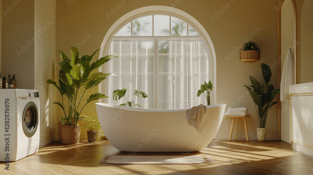 Serene Sanctuary: A sun-drenched bathroom exudes tranquility with a modern freestanding bathtub, lush plants, and a large arched window inviting natural light and a sense of spaciousness. Serene Sanctuary: A sun-drenched bathroom exudes tranquility with a modern freestanding bathtub, lush plants, and a large arched window inviting natural light and a sense of spaciousness.