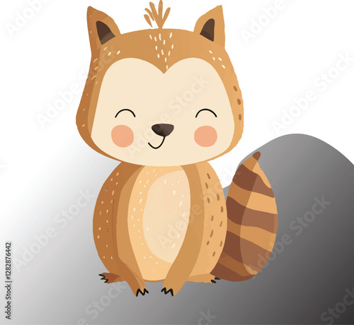 Ute cartoon fox, smiling face, closed eyes, big ears, orange fur, stylized texture, simple background, minimalist design, children's illustration,