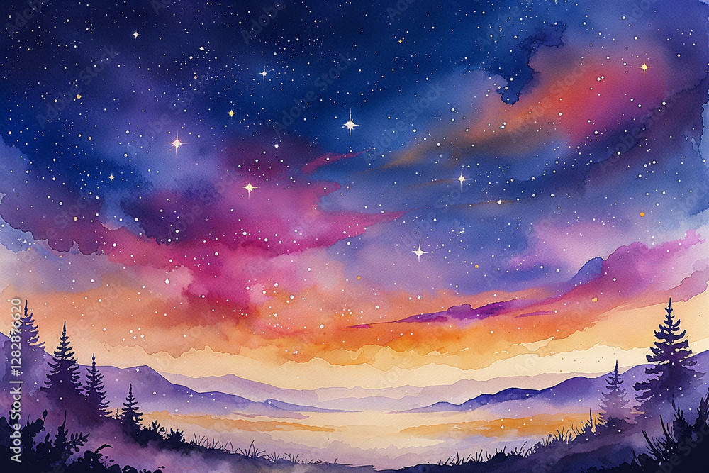 Naklejka premium Watercolor Night Sky with Stars and Mountain Landscape