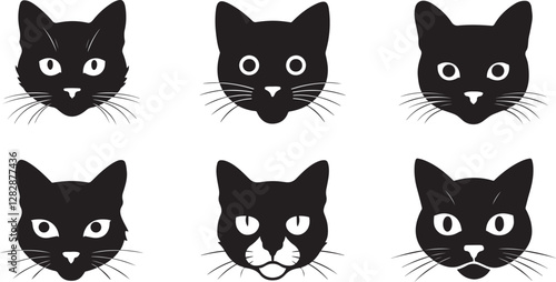 Set of black cats silhouette head icon cat face sticker symbol  pets tatto vector Collection of cartoon cats