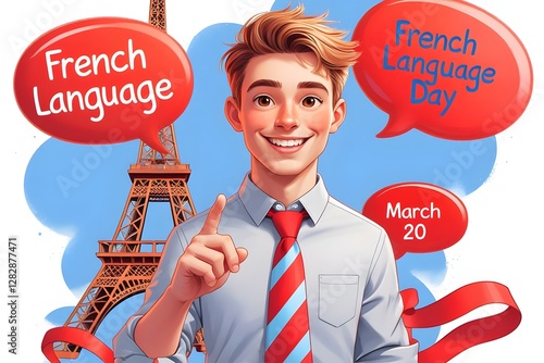 A vibrant and surreal cinematic illustration celebrating French Language Day, featuring a cheerful young man with expressive brown eyes, short light brown hair, and a bright smile. 