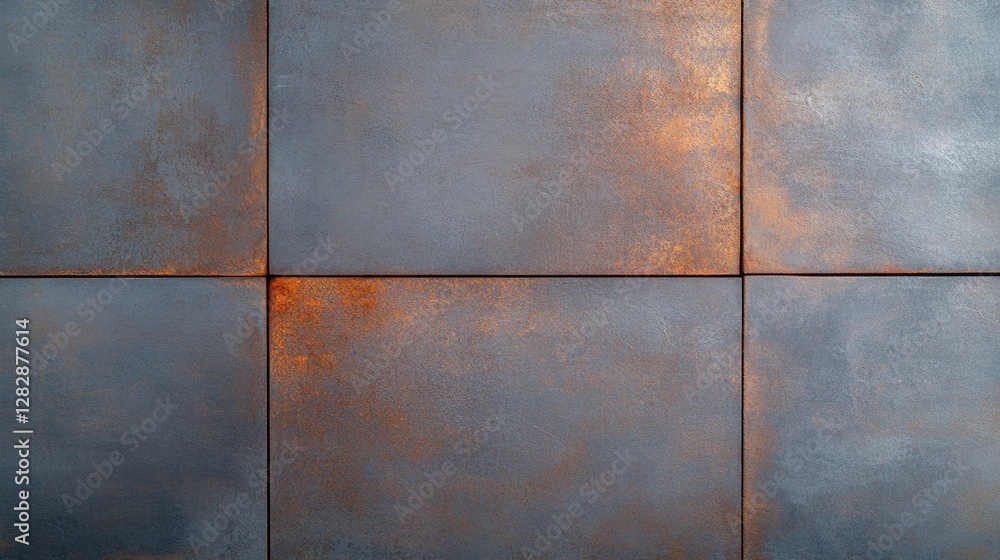 Fototapeta premium textured depiction of riveted steel plates with soft rust forming organic patterns under dramatic lighting