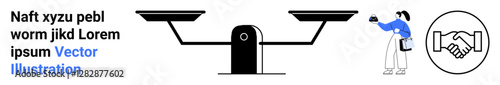 Scales balancing in the center, woman contemplating on one side, handshake icon signifying agreement or partnership. Ideal for concepts of balance, choice, decision-making, equality, agreements